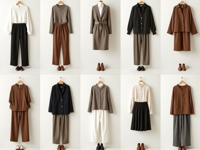 Grid visual yang menunjukkan pelbagai kombinasi pakaian dari 10 item almari pakaian kapsul