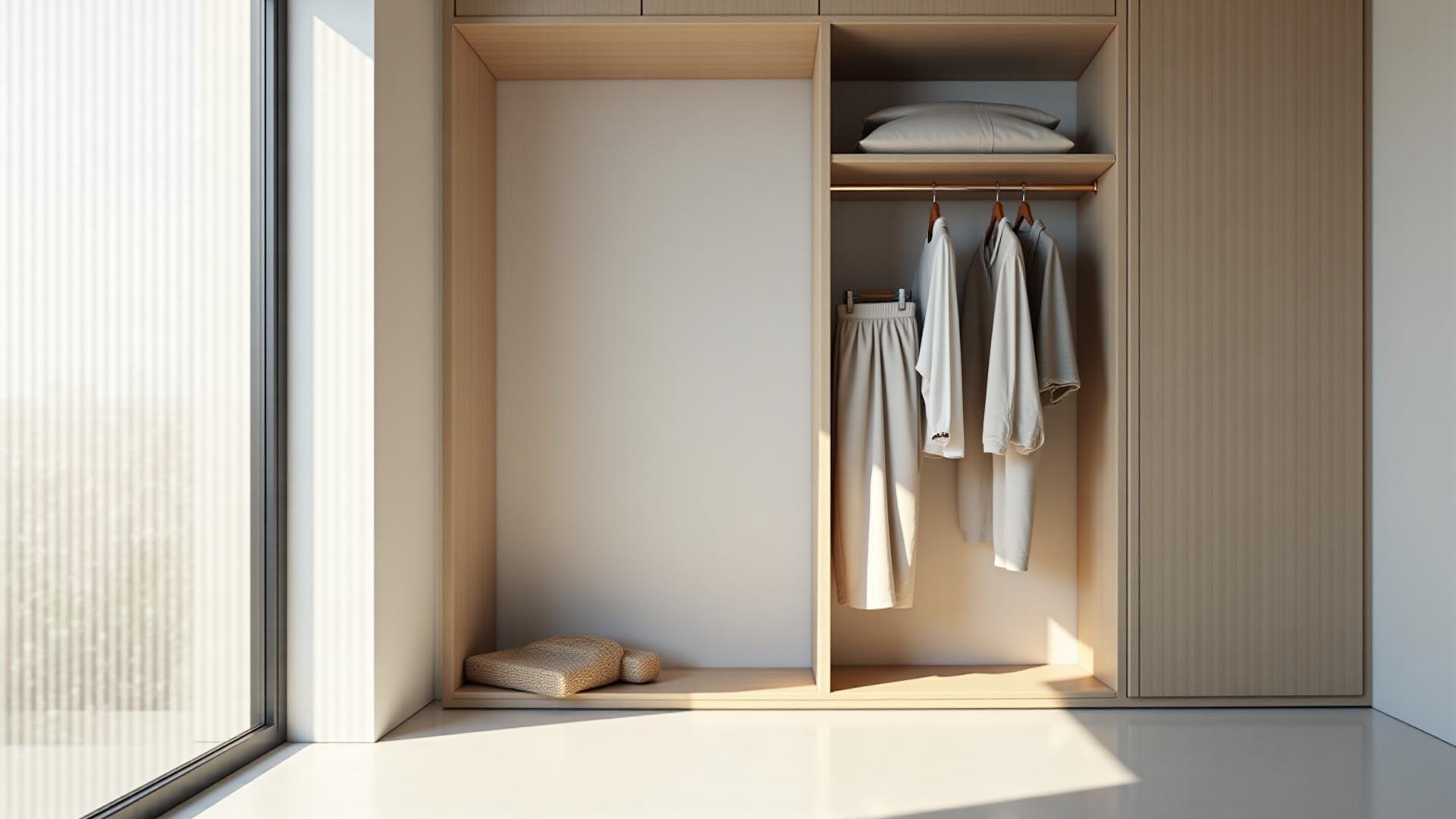 Almari pakaian minimalis dengan beberapa helai pakaian berkain linen dalam warna neutral, disusun kemas