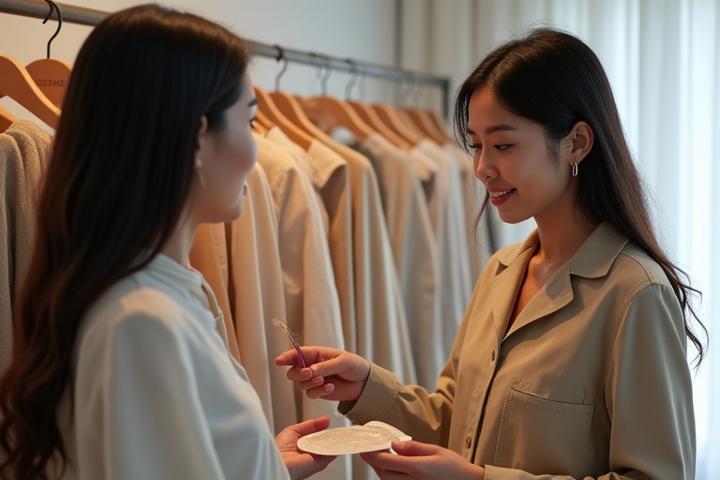 Stylist peribadi sedang membantu klien memilih pakaian dalam butik yang elegan