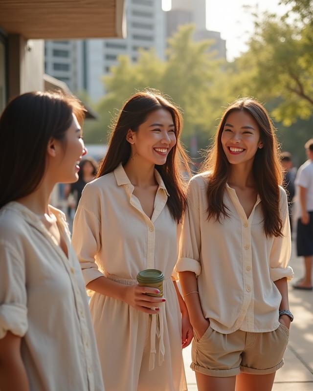 Lelaki dan wanita berpakaian kasual, linen dan kapas organik, bersantai di kafe moden Kuala Lumpur