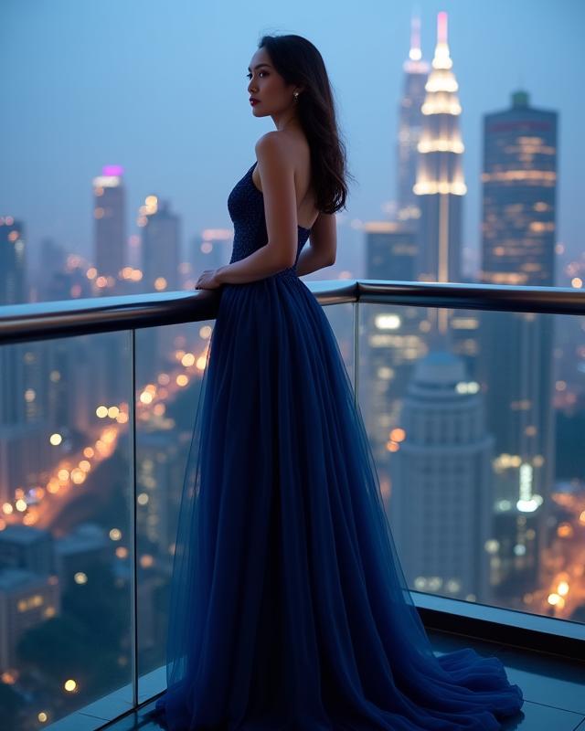 Seorang wanita memakai gaun malam elegan yang diperbuat daripada fabrik kitar semula, di latar belakang lampu bandar Kuala Lumpur