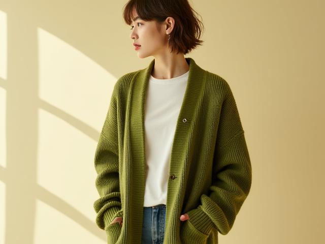 Cardigan rajut uniseks oversized warna hijau lumut pada model dari pelbagai jantina