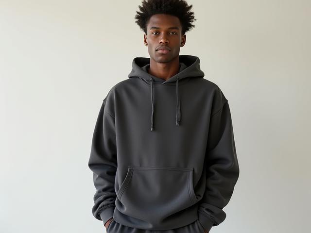 Hoodie minimalis uniseks warna kelabu arang pada model dari pelbagai jantina
