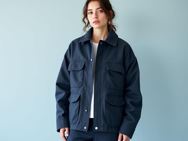 Jaket utiliti uniseks warna biru gelap pada model dari pelbagai jantina