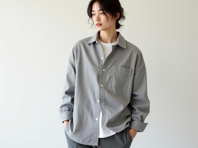 Kemeja linen oversized uniseks warna kelabu pada model dari pelbagai jantina