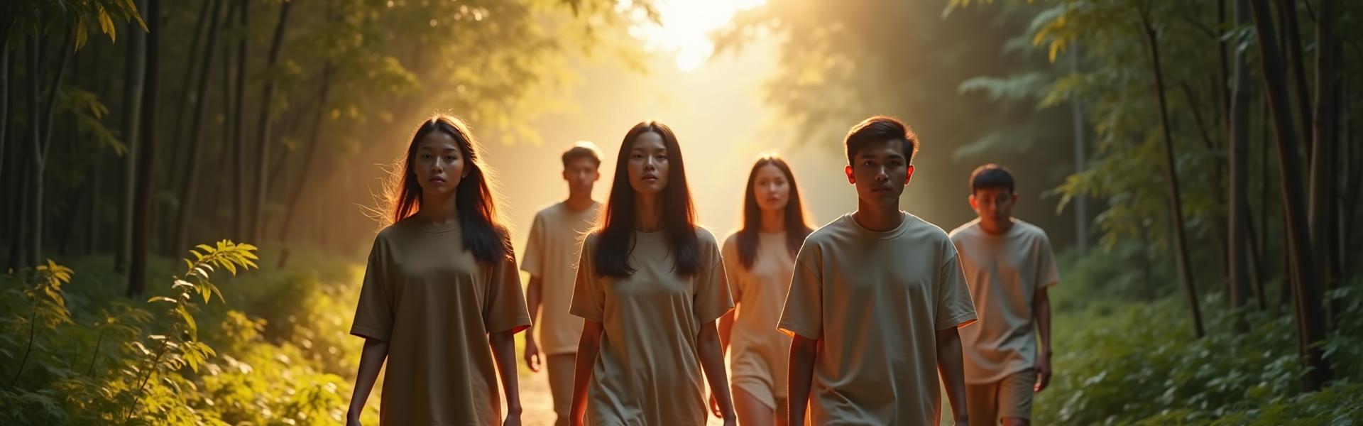 Beberapa individu yang beragam memakai pakaian uniseks Fjord Fesyen di persekitaran semula jadi hutan.