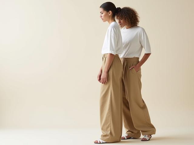 Seluar wide-leg uniseks warna khaki pada model dari pelbagai jantina