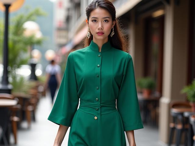 Baju kurung moden berwarna hijau zamrud dengan motif kontemporari, digayakan dalam suasana bandar chic.