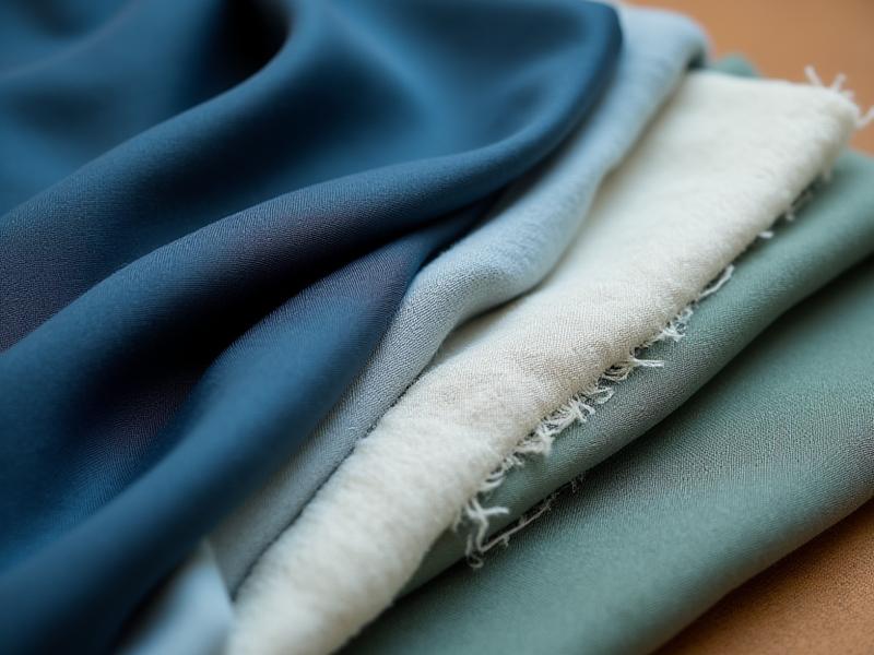 Close-up pelbagai swatches fabrik mewah seperti sutera, linen, dan bulu, dengan tekstur yang berbeza.