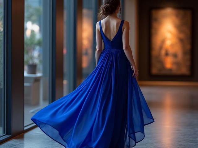 Gaun malam sutera biru tua yang mewah dengan potongan draping yang elegan, sesuai untuk majlis gala.