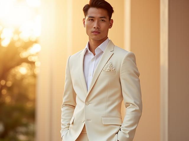 Sut perkahwinan linen berwarna krem yang elegan, dipadankan dengan aksesori minimalis, digayakan oleh pengantin lelaki yang berseri.