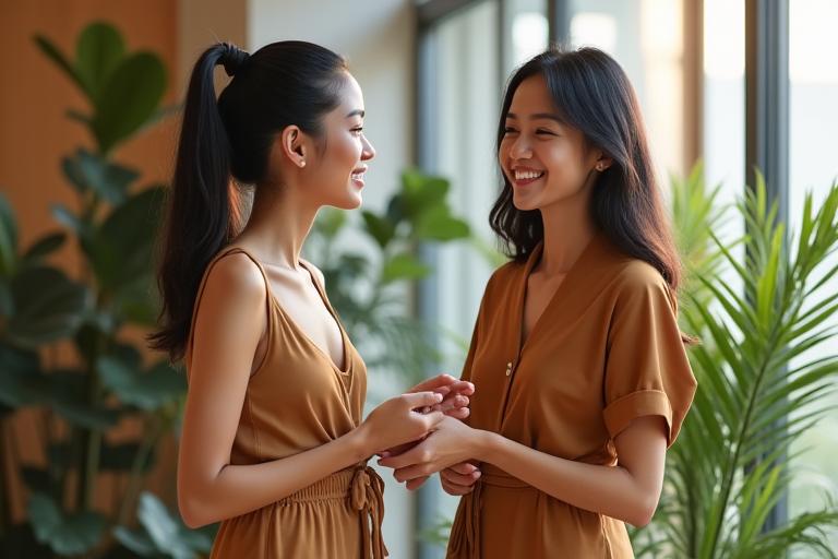 Seorang stylist peribadi tersenyum, menunjukkan pilihan rekaan kepada pelanggan yang sedang berdiri di bilik pameran bertemakan alam semula jadi Fjord Fesyen di Kuala Lumpur.