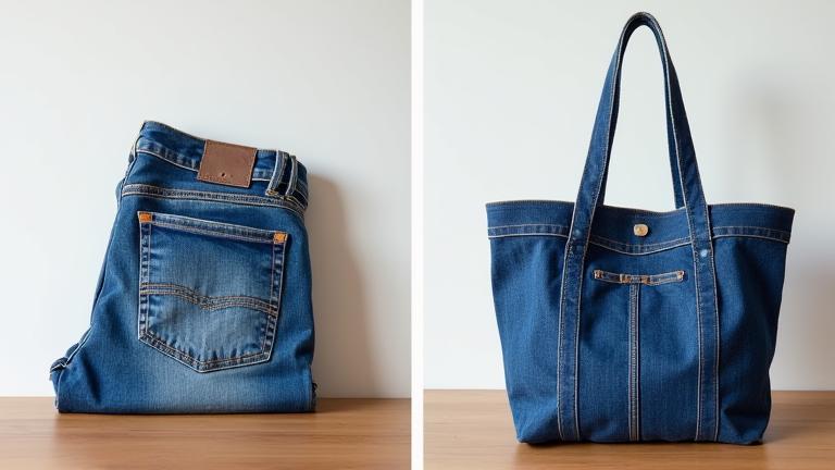 Imej sebelum dan selepas seluar jeans terpakai diubah menjadi beg tote