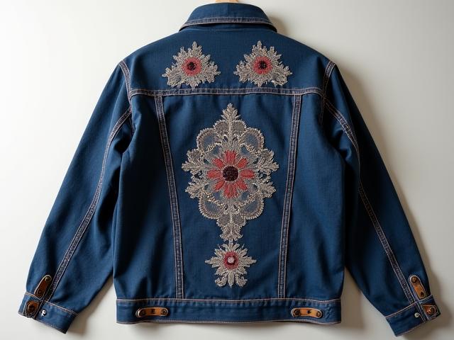 Jaket denim upcycled dengan sulaman tangan